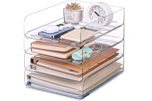 CiWiVOKi 4 Pack Stackable Paper Letter Tray, Clear File Organizer for Desk, Office Organizer and Storage for Desk Accessories, Notes, Books, File Paper, Document