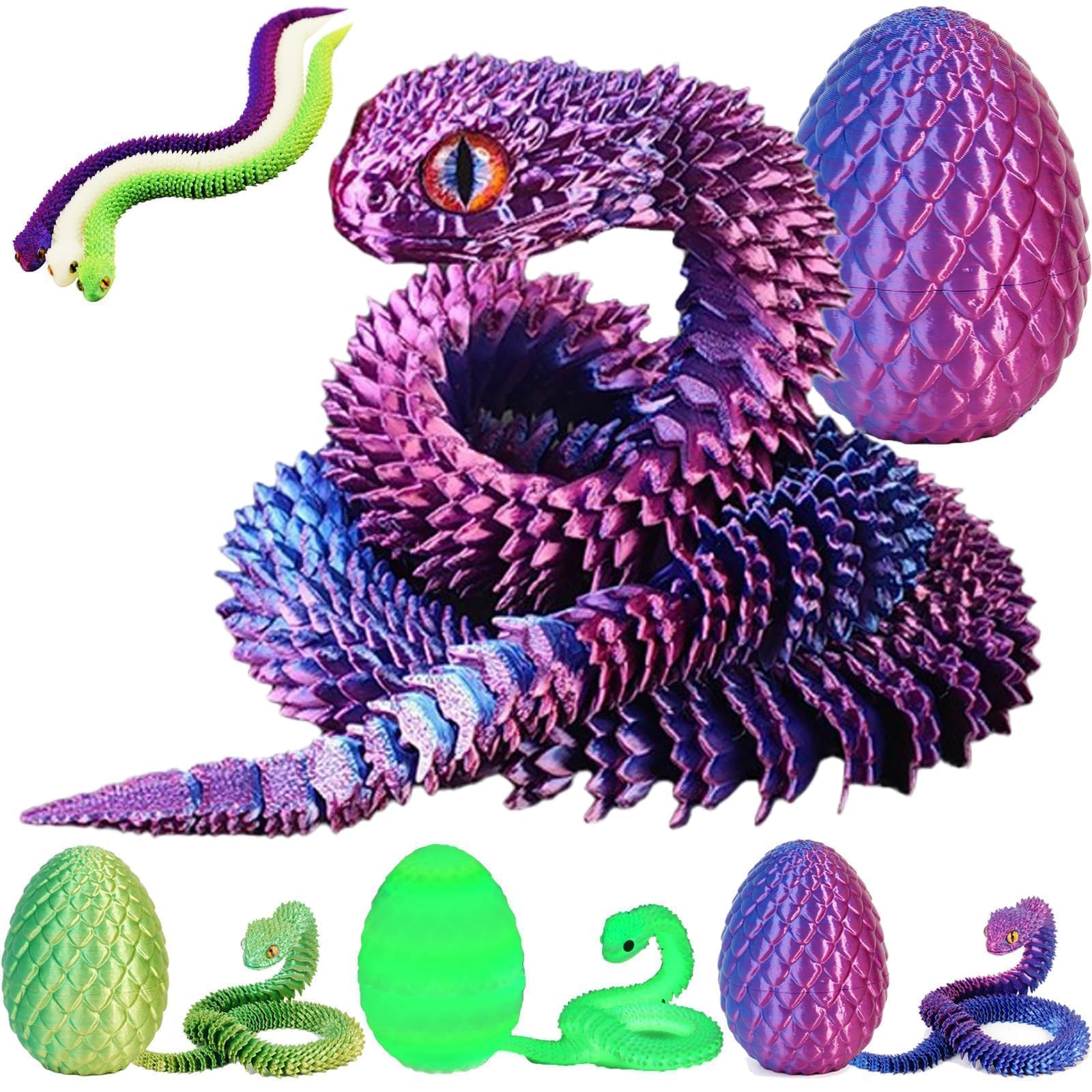 nnOuOnn 3D Printed Snake in Egg, 3D Printed Fidget Mini Animals Toy Articular Mobility Toys, Articulated Flexible Snake Statue Decor for Home Office (Purple)