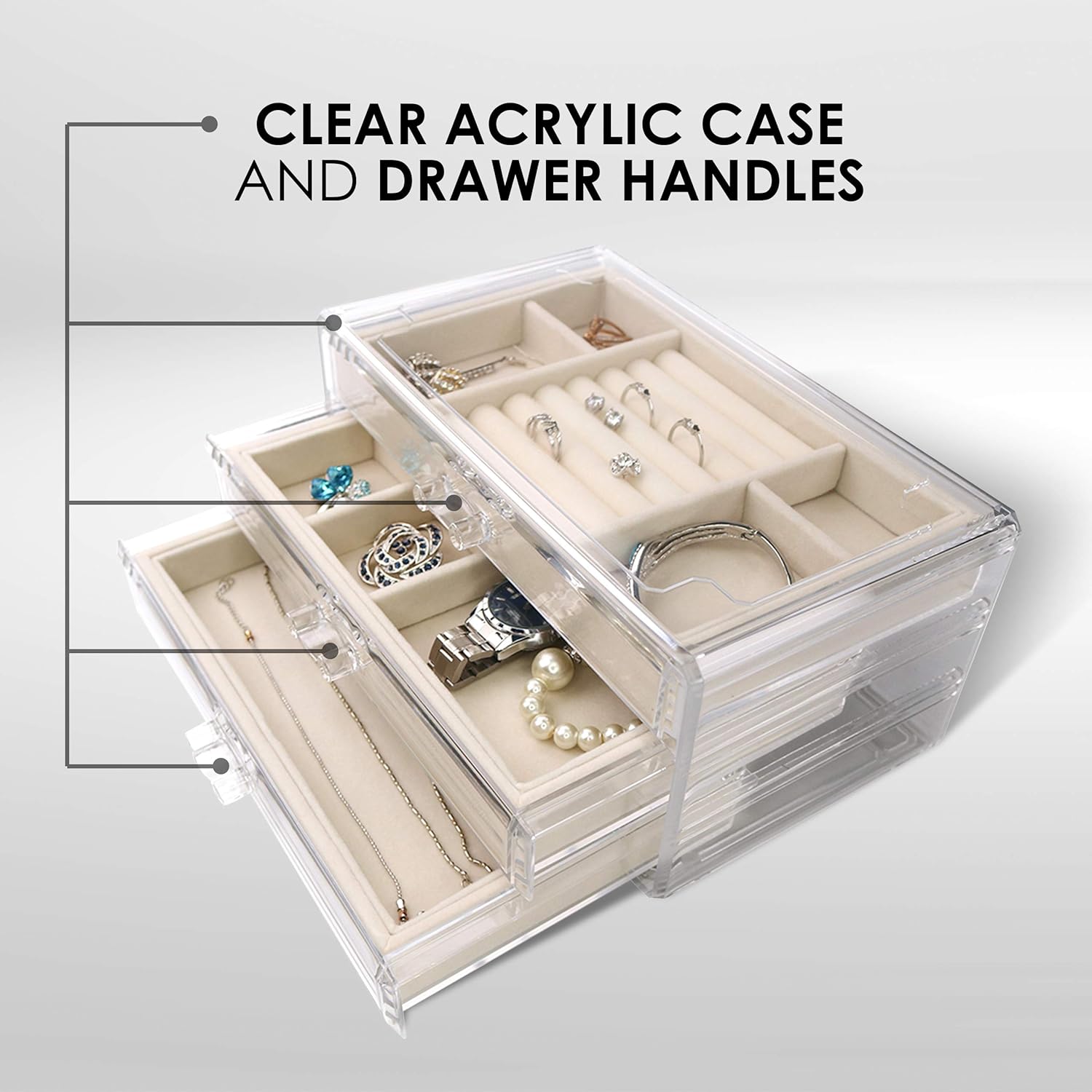 Acrylic Jewelry Organizer Box Women – 3 Drawers Clear Storage Case for Girls – Bracelet, Necklace & Ring Holder with Velvet Lining by Simple Goods: Home Improvement