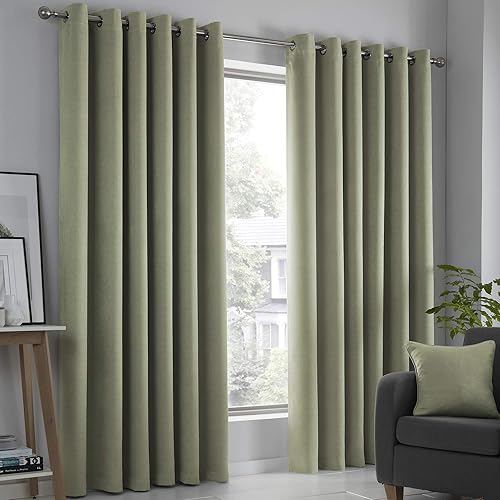 Fusion Sage Green Thermal Eyelet Curtains – W46 x L72" (117x183cm) – 2 Panels – Strata Collection – Room Darkening Drapes for Bedroom, Living Room & Doors