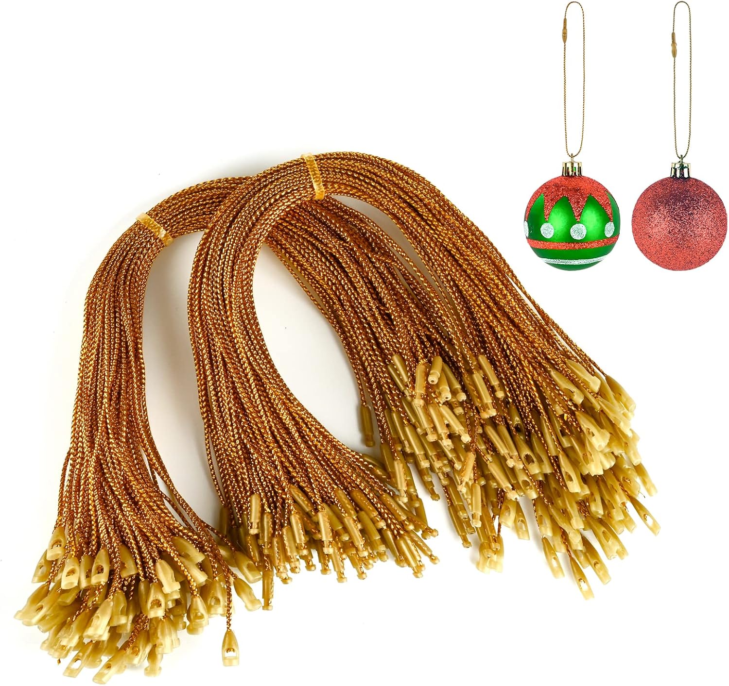 Ornament Hooks - Kucoele 200pcs Ornaments Hangers Strings with Snaps, Gold Precut Locking Ropes Christmas Tree Hooks Hang Tag Fasteners for Xmas Halloween Decorations