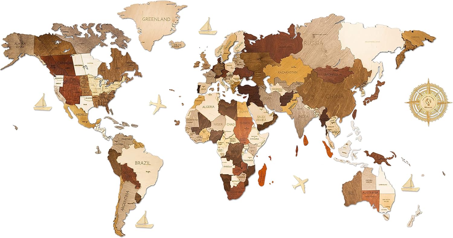 Download Amazon Com Wooden World Map Wall Decoration Multilayered Multicolour Stained Wood Engraved Names Unique 3d Design For Living Room Office Bedroom Mega Traveler 118x59in 300x150cm Home Kitchen