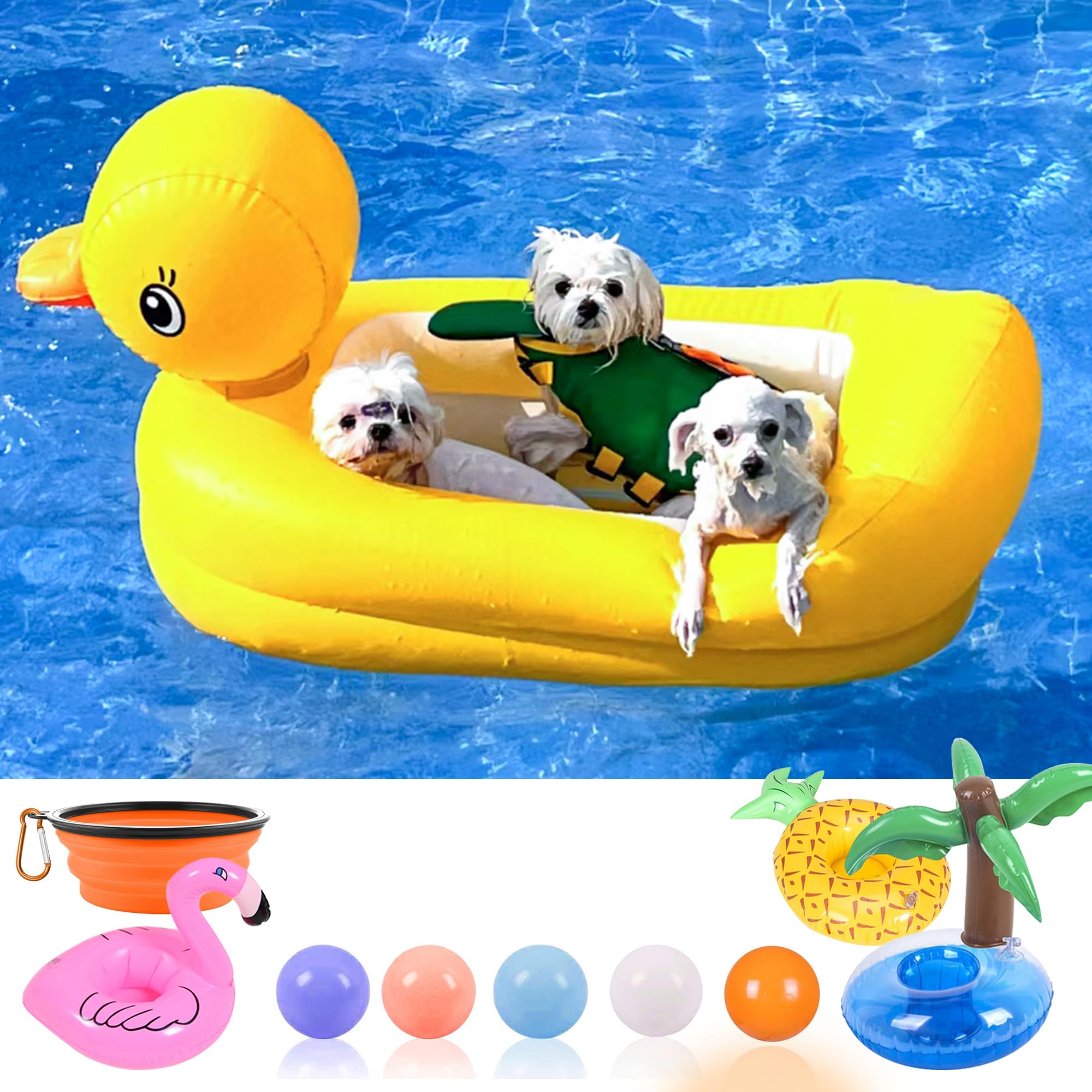 Photo 1 of KUCDBUN Pool Float Set for Dogs - Raft With Collapsible Bowl, Non-Toxic Water Toys for Small Dogs, Puppies and Doggies, Yellow Duck
