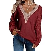 EVALESS Womens Long Sleeve Sweaters Fall 2024 Trendy Sexy Lace V Neck Knit Drop Shoulder Pullover Sweater Jumper Tops