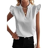 NILOINE Womens Striped Ruffle Cap Sleeve Shirts Dressy Casual Blouse V Neck Business Work Outfits Petal Short Sleeve Tees