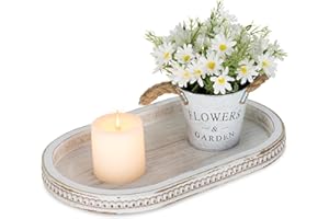 Hanobe Decorative Trays for Coffee Table : White Oval Centerpiece Tray Wood for Farmhouse Entry Table Decor Round Bathroom Tray for Living Room Kitchen Counter
