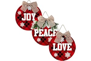 HICARER 3 Pieces Christmas Hanging Sign Decorations Peace Joy Love Sign Buffalo Check Plaid Wreath for Front Door Rustic Burlap Wooden Holiday Decor Christmas Indoor Outdoor Decorations (Black Red)