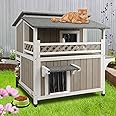 PetsCosset Feral Cat House Outdoor Weatherproof 2-Story Outdoor Cat Shelter for Feral Cats Outside with Balcony, Pull-Out Tray, Waterproof Roof, Platforms, Escape Doors