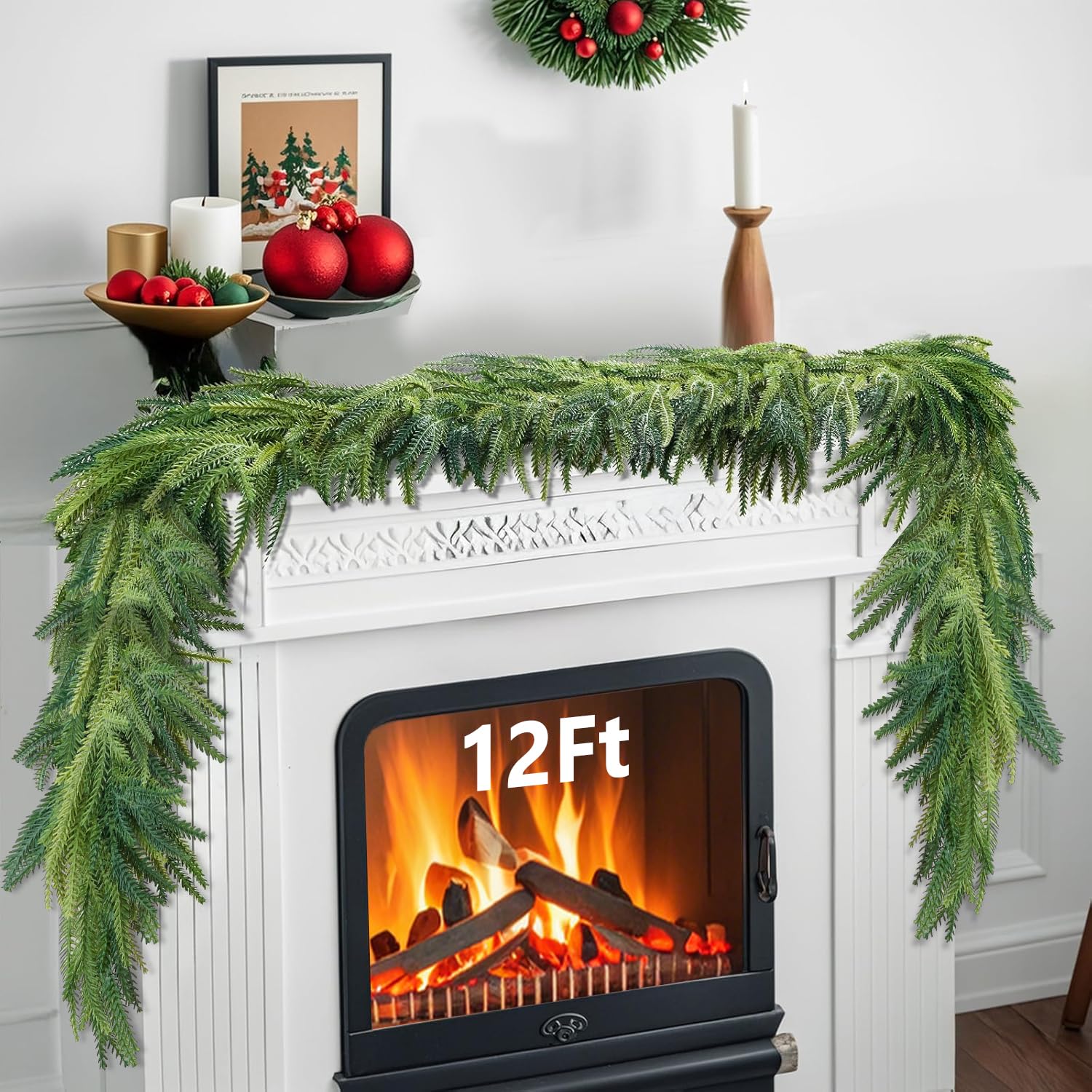 View 1 of 12Ft Christmas Garlands, Norfolk Pine Garlands, Real Touch Winter Pine Garland, Faux Greenery Garland for Table, Window, Stairs, Mantle, Indoor/Outdoor Christmas Decor