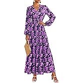 PRETTYGARDEN Long Sleeve Maxi Fall Dresses for Women 2026 Vneck Smocked Boho Floral Tiered Swing Flowy Wedding Guest Dress