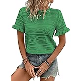 Samefar Womens Crewneck Texture Ruffle Shorts Sleeve Shirts Casual Loose Flowy Tee Tops Blouses Fashion Outfits Trendy
