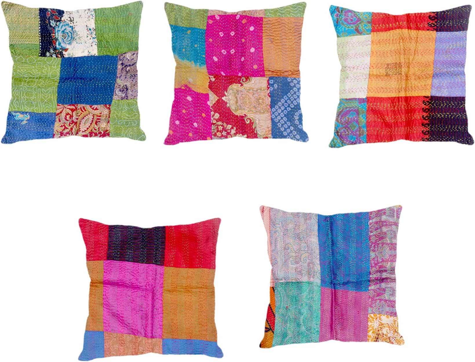 Indistar Set of 5 Throw Pillow Cover | Silk Patchwork Cushion Covers with Traditional Indian Kantha Work | Decorative Cushion Covers, 16 x 16 Inch-93100-509-IW-P5