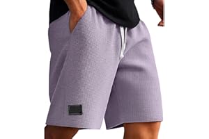 Men's Waffle Shorts Drawstring Casual Loose Fit Summer Athletic Shorts Lightweight Solid Color Short Pant with Pockets