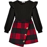 Arshiner Girls Skirt Sets Ruffle Sleeve Top and Plaid Mini Skirt 2 Piece Fall Winter Outfits for Kids