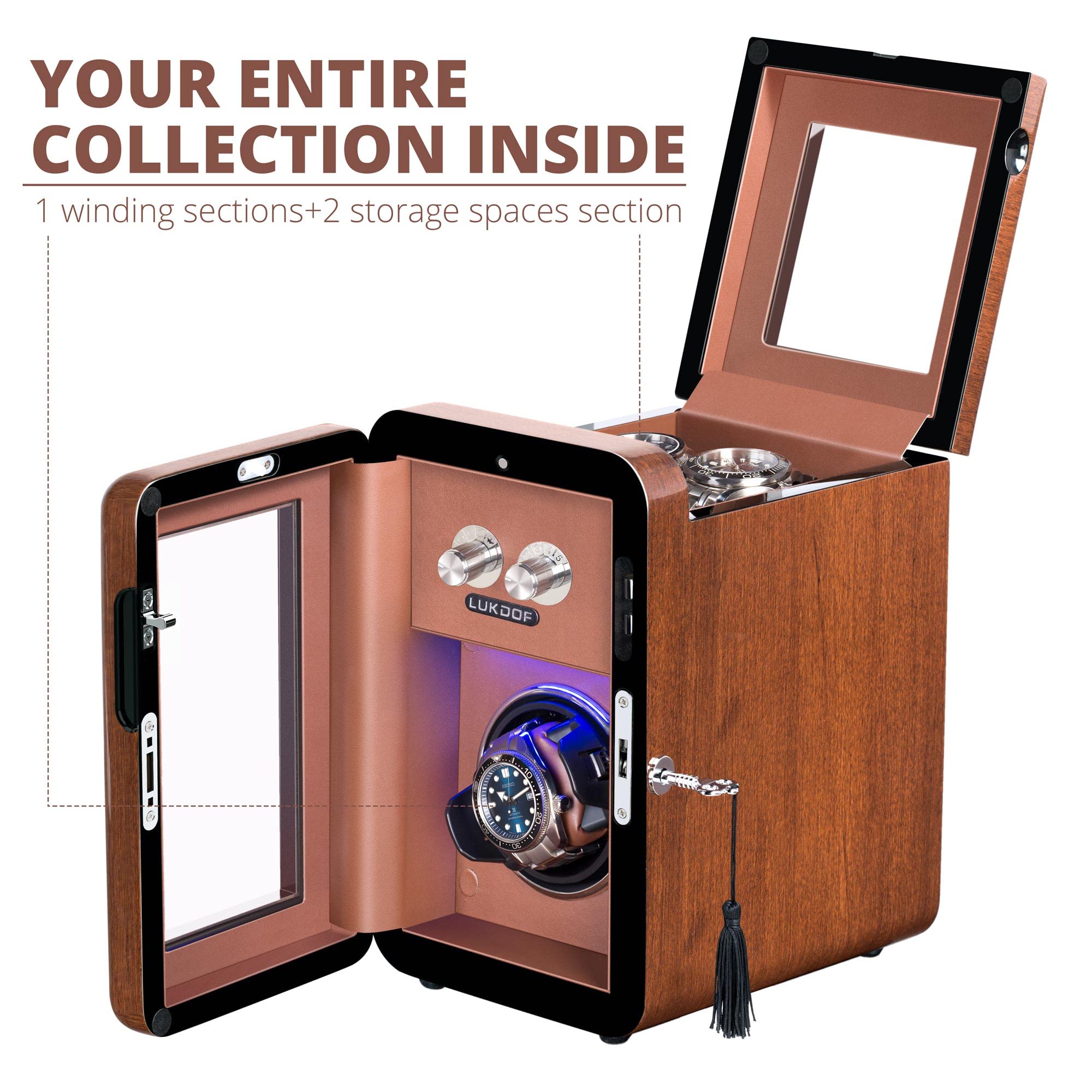 Automatic Watch Winder with Quiet Running Motor Watch Winding Display+ 2 Storage Box, Built-in Illumination, Walnut Watch Winder for Rolex with 3 Adjustable Upgraded Watch Pillows, AC Adapter