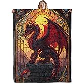 VOPNXLT Stained Glass Dragon Blanket, Soft Cozy Lightweight Fierce Red Dragon Window Design Throw Blanket for Women Men Boys, Sofa Couch Bed 50x60 Inch Gothic Flannel Blankets for Travel Decor Gifts
