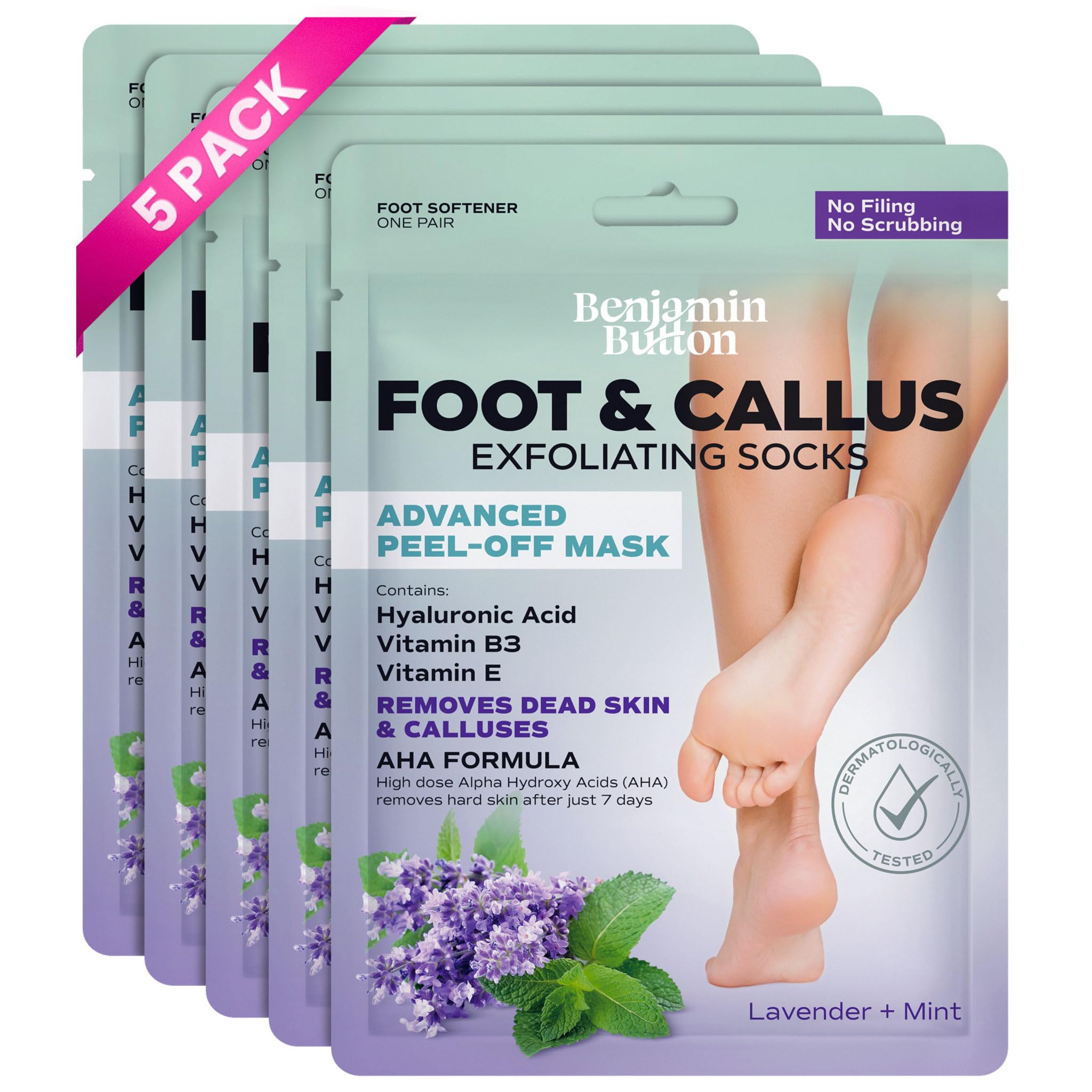 Benjamin Button Luxury Foot Peel Mask - 5x Pairs | Removes Hard Dead Skin, Calluses & Cracked Heels| Shea Butter, Lavender & Mint | Exfoliating Treatment, Smooth Feet | Foot Spa, Moisturising Socks