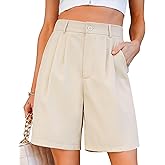 luvamia Bermuda Shorts for Women Dressy Casual High Waisted Summer Work Elastic Waist Pleated Dress Shorts with Pockets