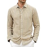 Damipow Mens Linen Cotton Striped Long Sleeve Dress Shirt Casual Button Down Shirt
