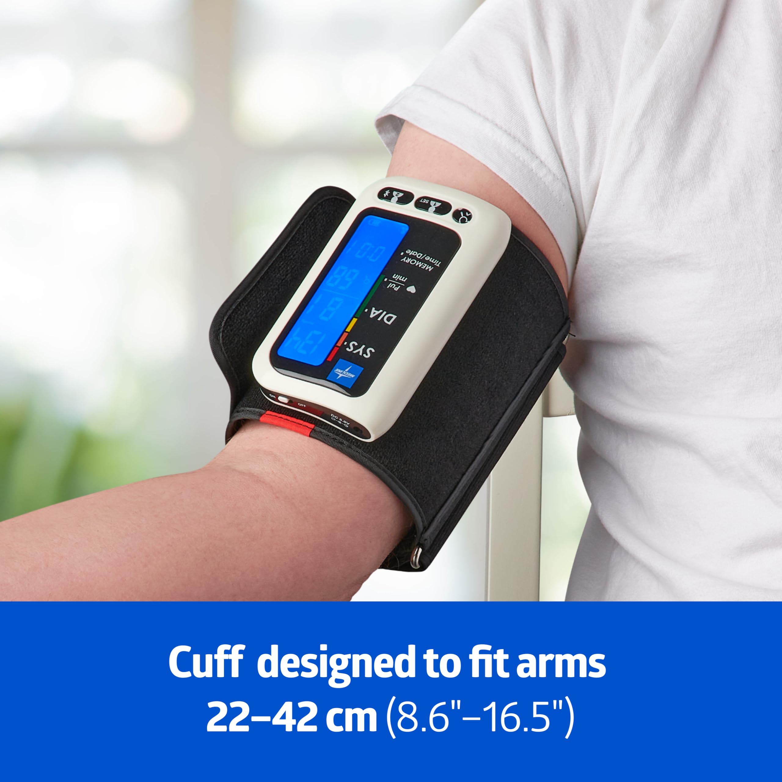 Medline Bluetooth Blood Pressure Monitor, Attached Universal Upper Arm Cuff, Digital LCD Display, Medline Health App Integration, Store Up to 120 Readings, Charger Cable and Carrying Case Included