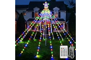 Ollny Christmas Lights Tree 340LED with Topper Star, IP67 Waterproof Remote Control Waterfall Lights with Pole, 16 Modes 3 Timers Dimmable Christmas Decorations Outdoor Yard Garden Lawn Multicolored