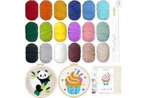 WOOL QUEEN Hand U Journey Punch Needle Beginner DIY Kit, 1 Punch Tool /18 Colors Yarn/Two 8.4'' Imitated Wood Hoops & Monk's Cloth and 5 Design Patterns for Kids Starters Craft Gifts