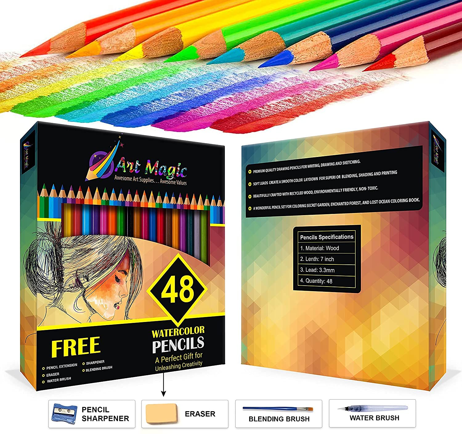 Art Magic Watercolor Pencils, Set of 48 Professional Colored Pencils for Adult and Teens, Premium Art Supplies for Coloring, Blending and Layering