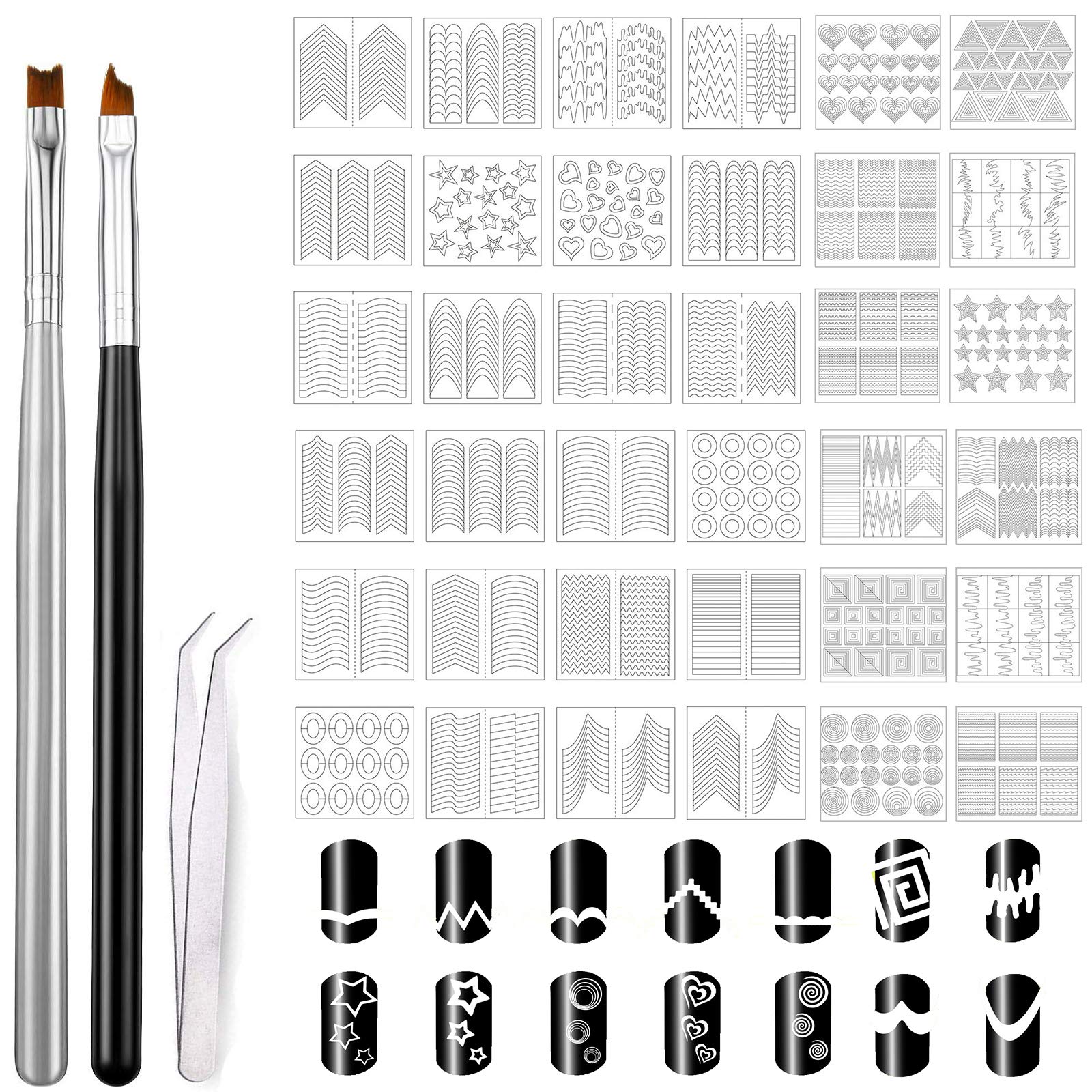 MWOOT 36 Nail Art French Tip Form Guides Stickers Set with 2 French Nails Brushes, French Form Fringe Guides Manicure Strips Tools for Women Nails Beauty Painting Brushes DIY Tools