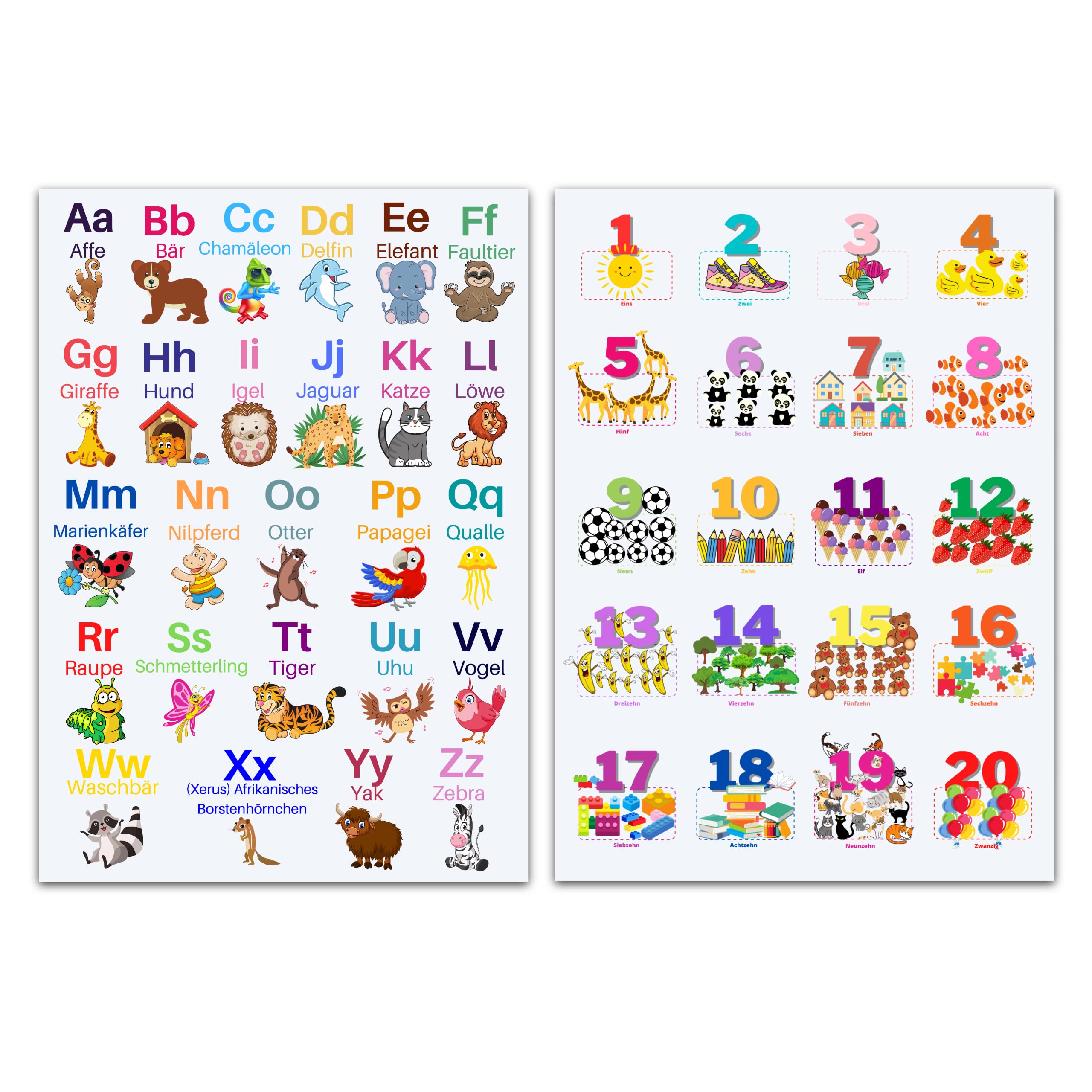 CLEAN SPORTS® Alphabet and Numbers DINA1 Learning Poster for Children - Learn ABC and Numbers from 1 to 20 with Two Large 54 cm x 89 cm Posters for Children's Room - Children's Poster Animals Learn