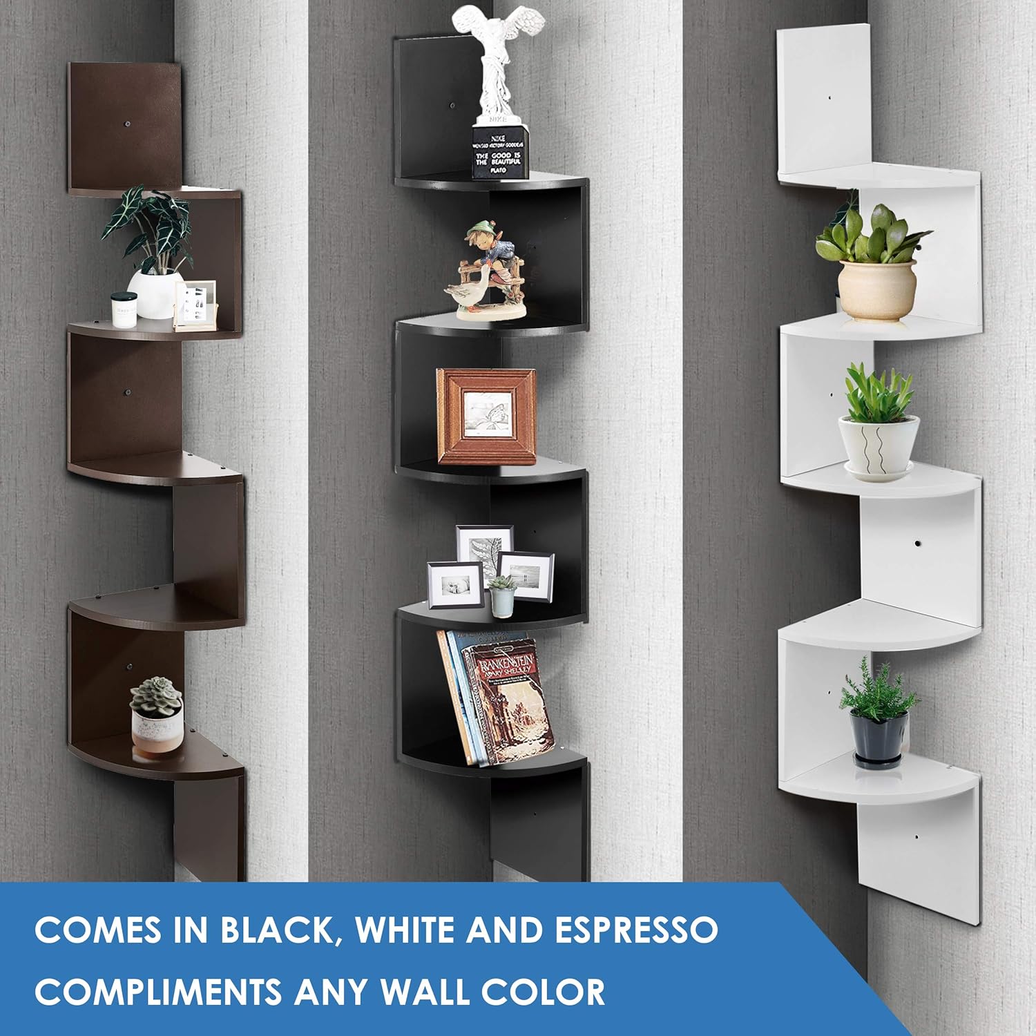 Wall Mount Corner Shelves, 5 Tier Zigzag Decorative Design by Halter, Black: Kitchen & Dining