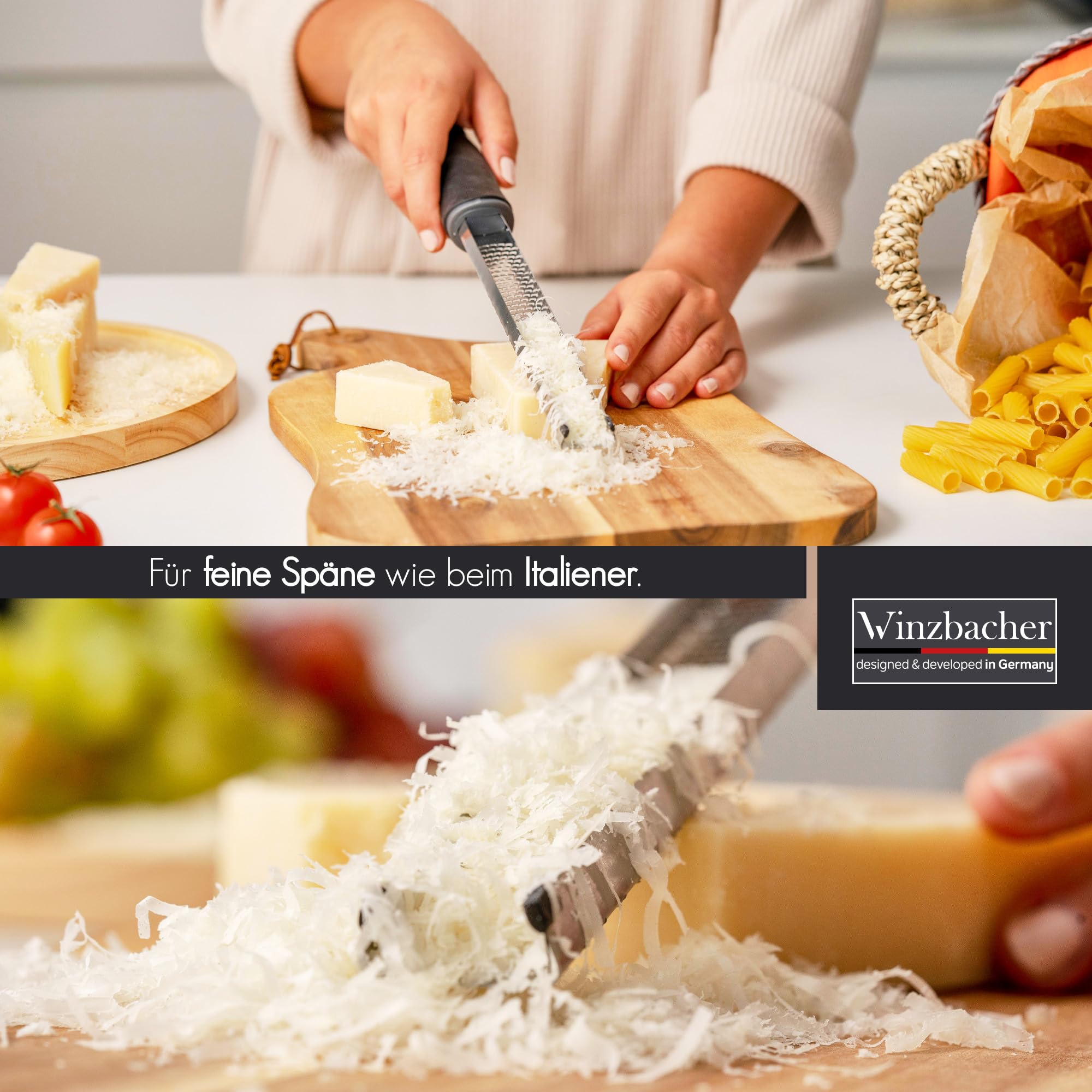 Winzbacher - Premium Zester Reibe I Parmesanreibe, Zitronenreibe, Muskatnuss Reibe, Ingwerreibe u.v.m. I rasiermesserscharfe Edelstahl Klinge I Spülmaschinenfest I inkl. Schụtz & Reinigungsbürste 5