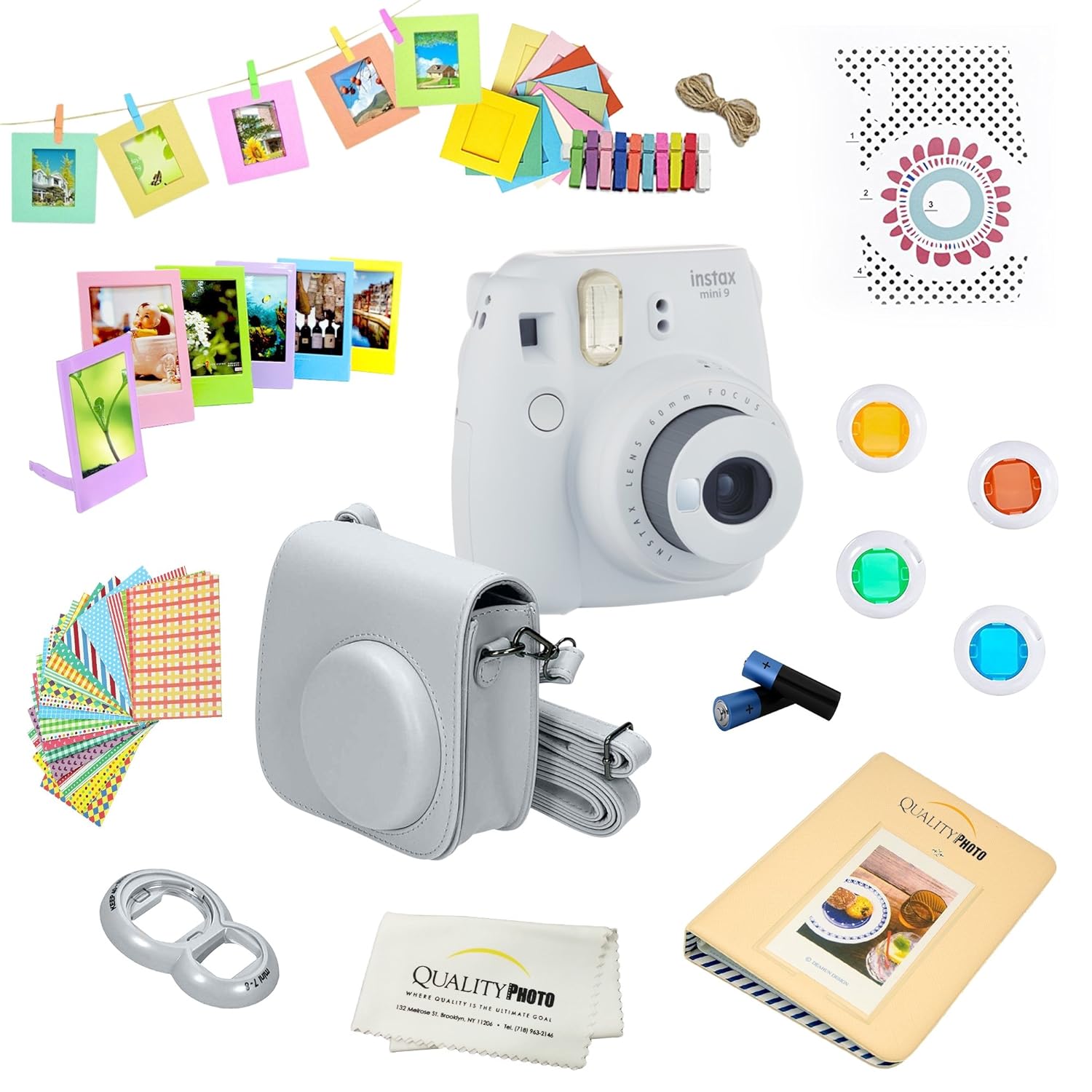 Fujifilm Instax Mini 9 Camera + 14 PC Instax Accessories kit Bundle, Includes; Instax Case + Album + Frames &amp; Stickers + Lens Filters + MORE (Smokey White)
