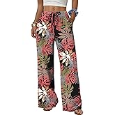 Sampeel Wide Leg Pants for Women Flowy Palazzo Drawstring Elastic Waist Trousers with Pockets Summer Beach Vacation Clothes