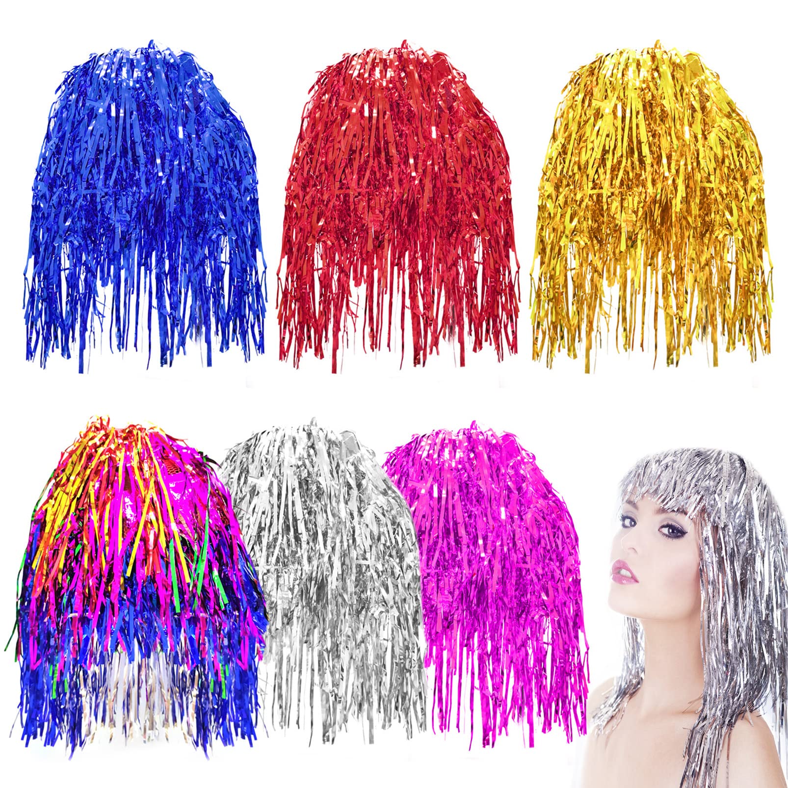 6-Piece Foil Tinsel Wigs - Shiny Party Wigs for Women