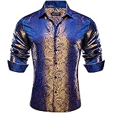 Barry.Wang Men Dress Shirts Long Sleeve Button Down Silk Paisley Floral Party Shirt Jacquard Business Formal