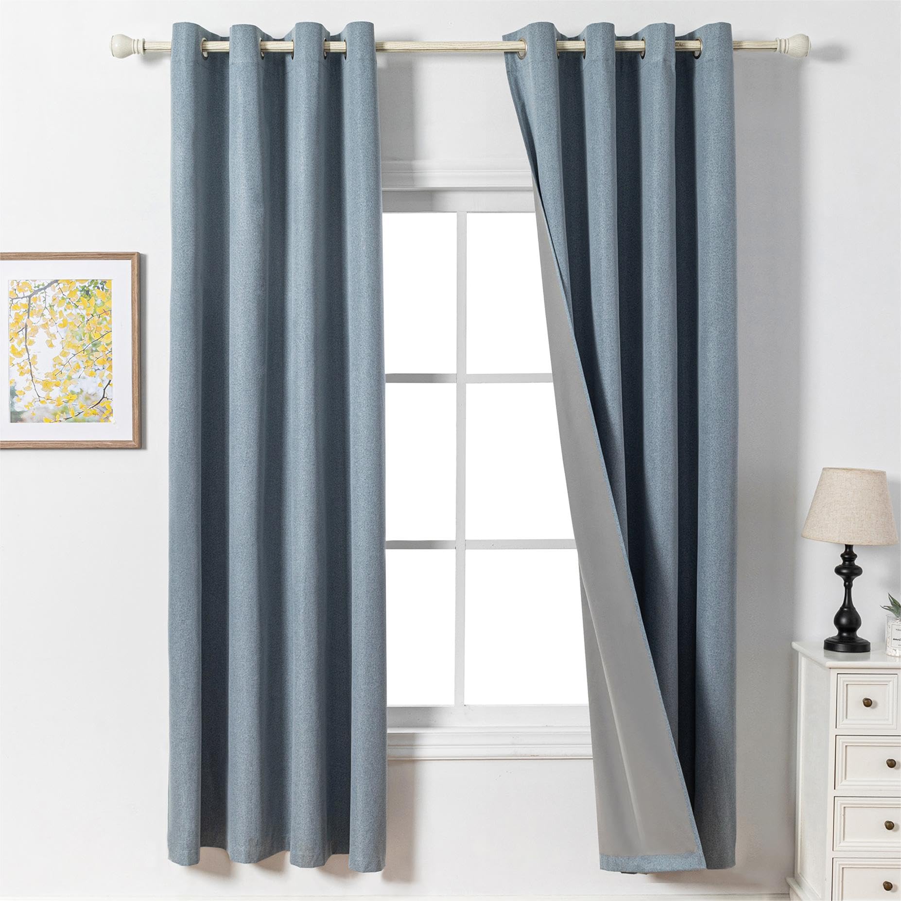 MYSKY HOME Opaque Curtain with Eyelets, Cold Protection, Blackout Curtains, Linen Look, Opaque Curtain for Living Room, Grey Blue, Set of 2, H 225 x W 140 cm