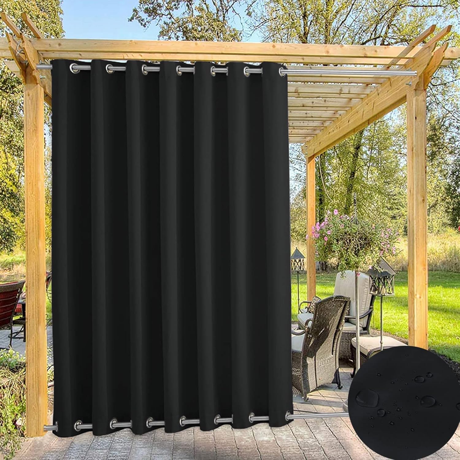 Outdoor Curtains - TECDOTO Waterproof Outdoor Curtains with Grommets at Top and Bottom, Premium Windproof Weatherproof Blackout Curtains for Patio/Gazebo/Pergola/Porch, 1 Panel, Black-W84 xH52