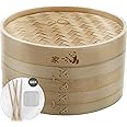 Prime Home Direct Bamboo Steamer Basket 10-inch | 2-Tier Steamer for Cooking | 50 Liners, Chopsticks & Sauce Dish | Dumpling 