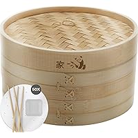 Prime Home Direct Bamboo Steamer Basket 10-inch | 2-Tier Steamer for Cooking | 50 Liners, Chopsticks & Sauce Dish | Dumpling 