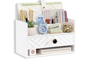 dreampossible white Wood Desk Organizer and Accessories with Drawer, Bill Mail Organizer and File Mail Holder for Office Supplies, Desk Accessories & Workspace Organizers for Desk Organization