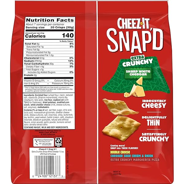 CHEEZ-IT SNAP’D CHEESE CRACKER CHIPS, THIN CRISPS, EXTRA CRUNCHY, SHARP WHITE CHEDDAR, 7.5OZ BAG (1 BAG)
