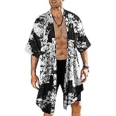 COOFANDY Men's Ruffle Shawl Collar Lightweight Cardigan Long Kimono Jackets Open Front Drape Cape Coat