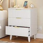 Lulive Wood 3 Drawers Dresser Fluted Night Stand with Charging Station, White Storage Nightstand Modern Side Table, Bedside T