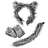 Erythem Wolf Ears Tail and Gloves Set Werewolf Wolf Costume for Kids Girls Women Halloween Animal Dress-Up Accessories Party Supplies