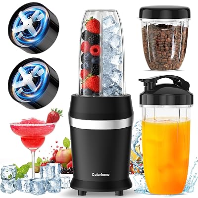 Colarlemo 12-Piece Smoothie Blender Maker 25,000 RPM Personal Blender for Ice Crushing Smoothies & Frozen Drinks Nuts with 23oz, 32oz, 37oz Portable Cups Two 6-Leaf Stainless Steel Blades, Matte Black