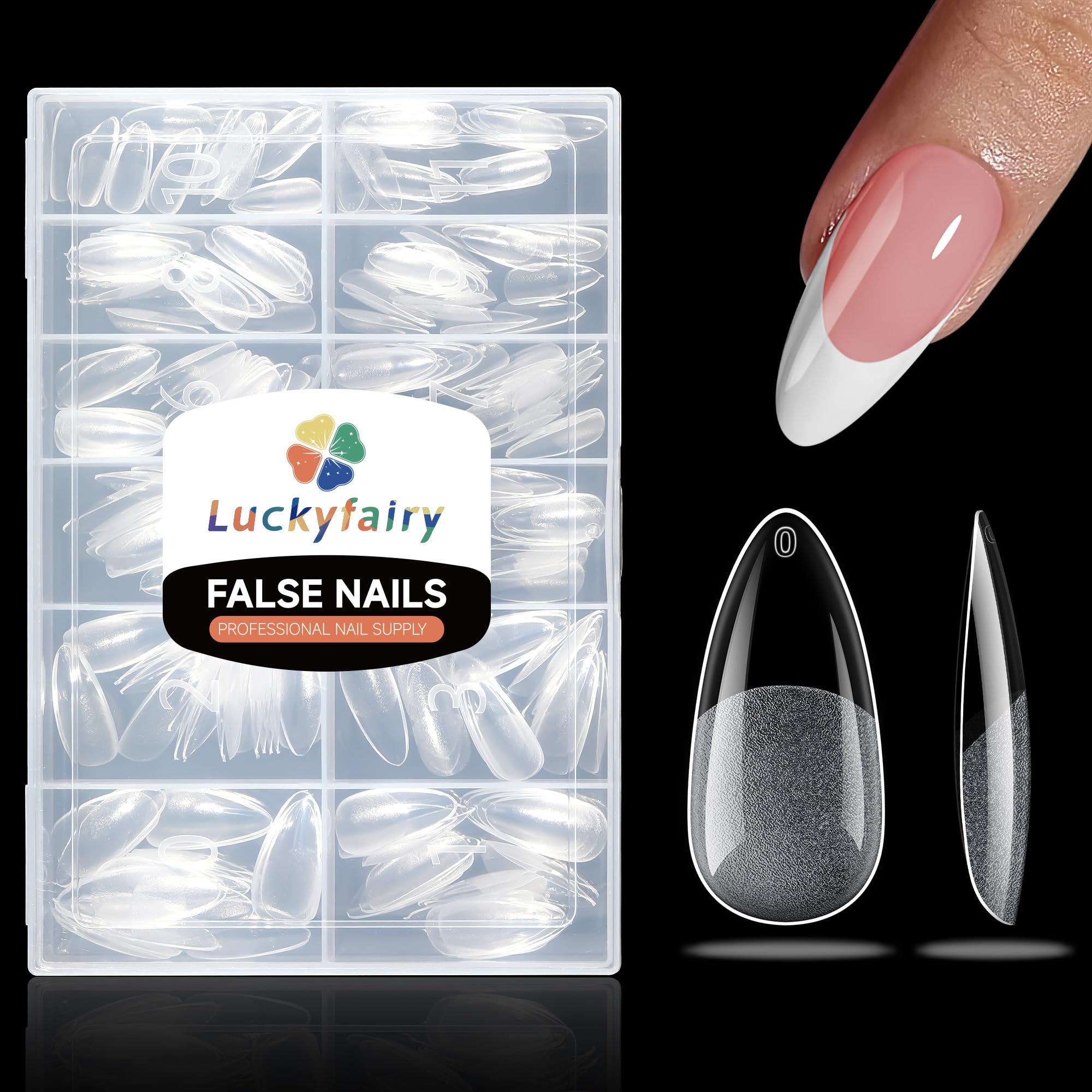 Photo 1 of Luckyfairy Medium Almond Nail Tips, 240pcs Soft Gel Pre-Filed Acrylic Almond Fake Nails, Half Matte Full Cover Clear Press on Flase Nail Tips for Nail Extension Home DIY 12 Sizes Gelly Tips