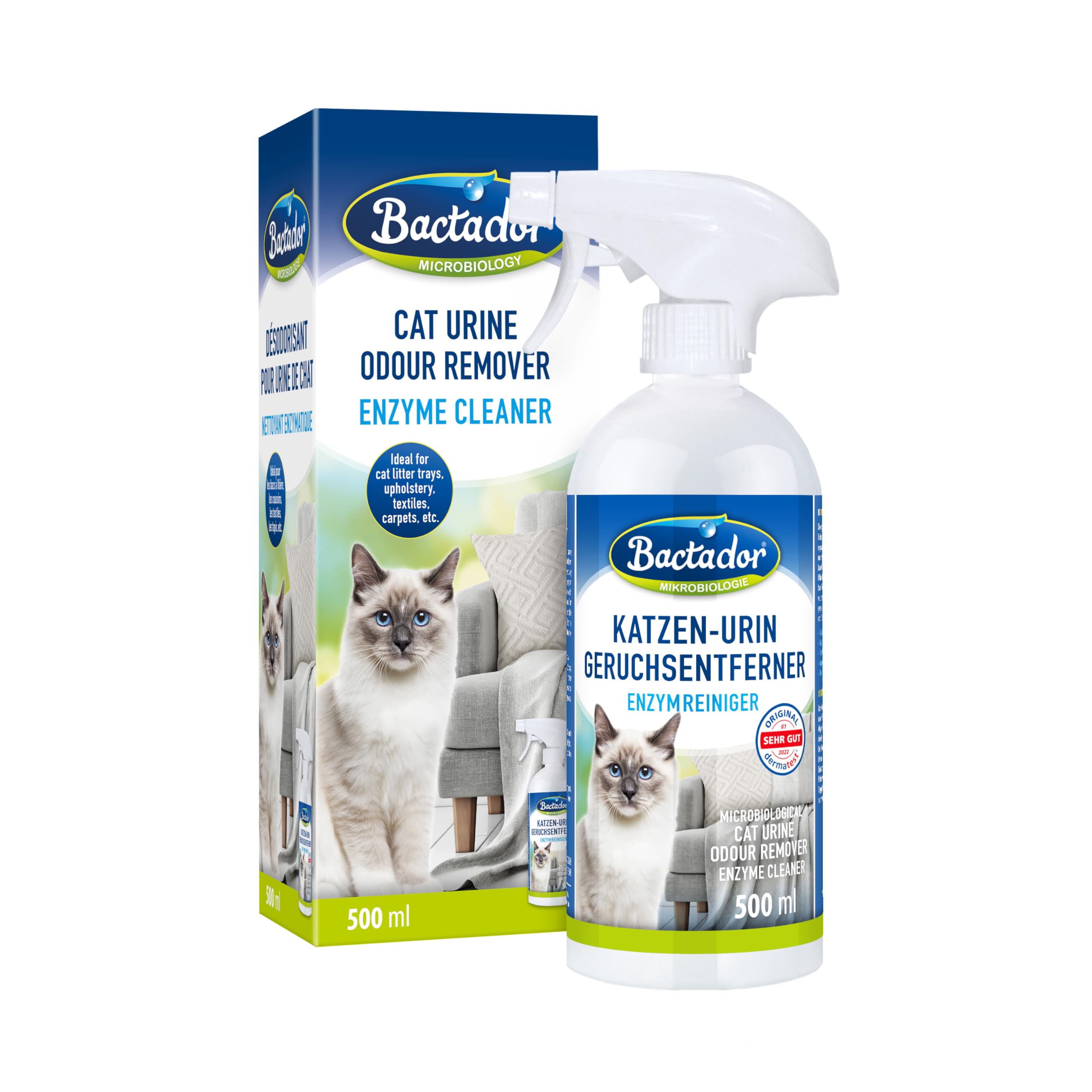 Bactador Enzyme Cleaner for Cat Pee Spray 500ml - Enzymatic cleaner & Cat urine enzyme cleaner - Pet carpet cleaner - Microbiological urine neutraliser - Pet stain and odour remover