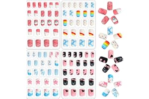 JANYUN 96 Pcs Fake Nails for Kids Pre-glue Full Cover Short False Nails Children Nails Lovely Gift