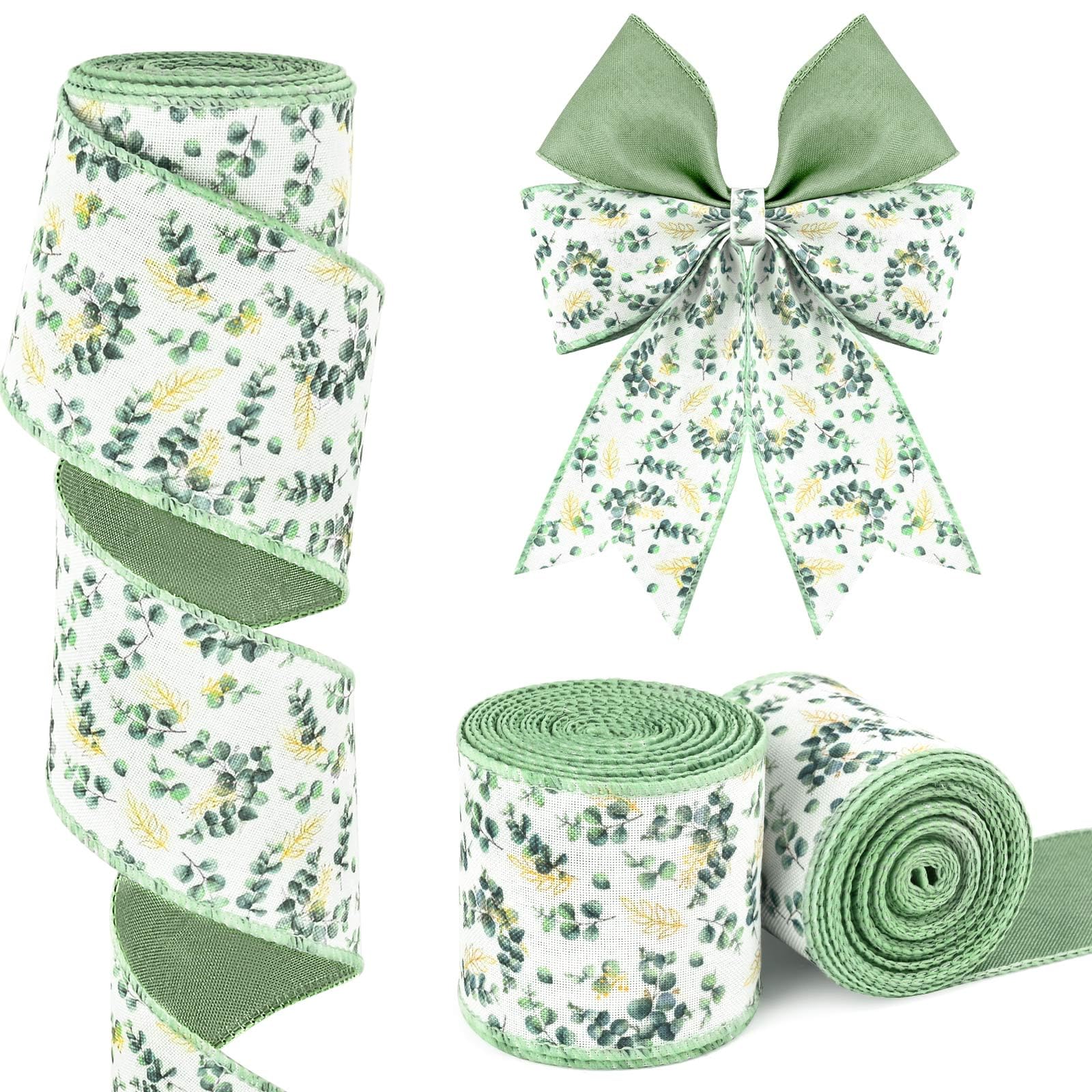 Photo 1 of 10 Yards Eucalyptus Wired Edge Ribbon 2.5 Inch Watercolor Eucalyptus Leaves Fabric Ribbon for Gift Wrapping Bow Wreath Making Crafts (Eucalyptus Leaves)
