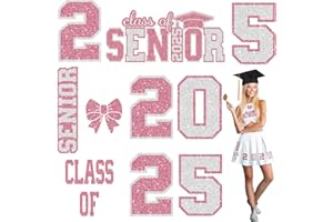 Solsew Senior Class of 2025 Iron on Patches Decals Glitter Heat Transfer Graduation Decoration Senior Skirts Shirts Iron on Cap Letters Bow Transfer for Fabric Clothing DIY Crafts(Pink and Silvery)